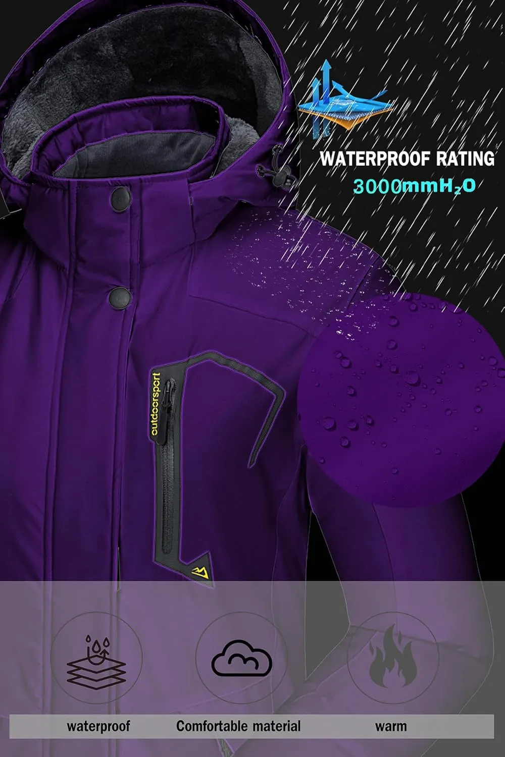 SMENG Womens Ski Jacket Waterproof Warm Winter Coats Windproof Fleece Lined Jacket Detachable Hood