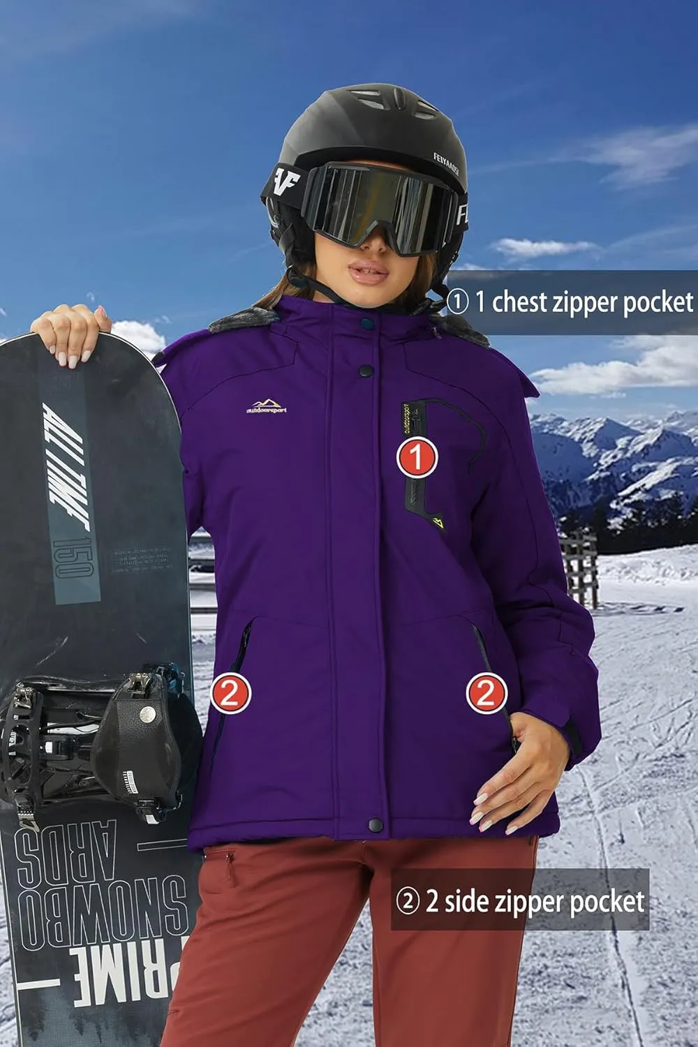 SMENG Womens Ski Jacket Waterproof Warm Winter Coats Windproof Fleece Lined Jacket Detachable Hood