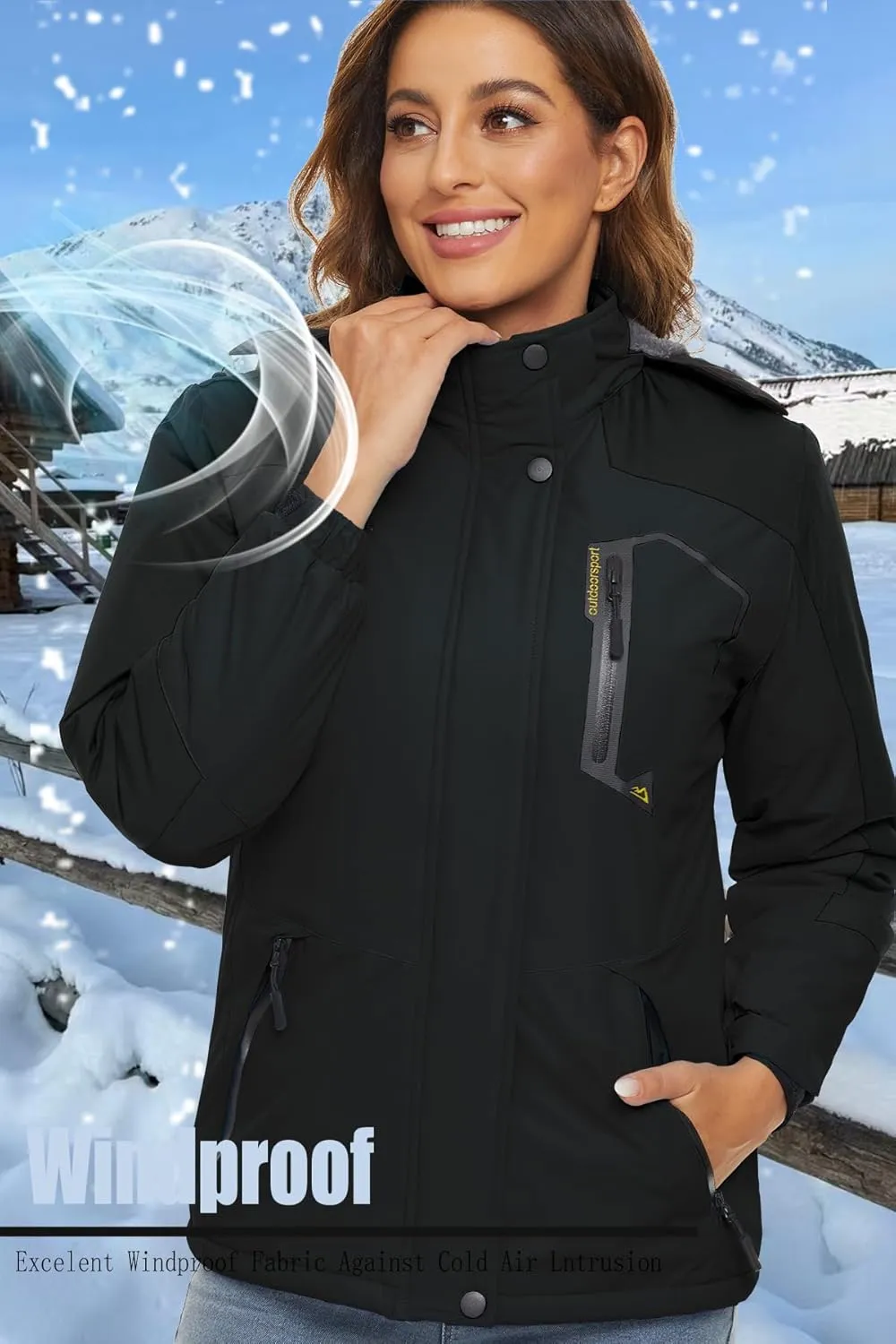 SMENG Womens Ski Jacket Waterproof Warm Winter Coats Windproof Fleece Lined Jacket Detachable Hood