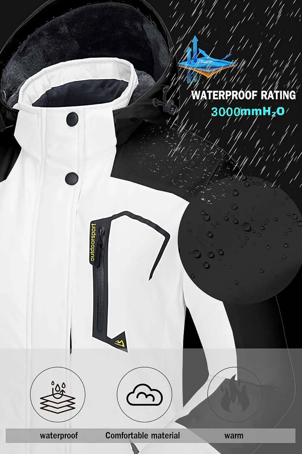 SMENG Womens Ski Jacket Waterproof Warm Winter Coats Windproof Fleece Lined Jacket Detachable Hood