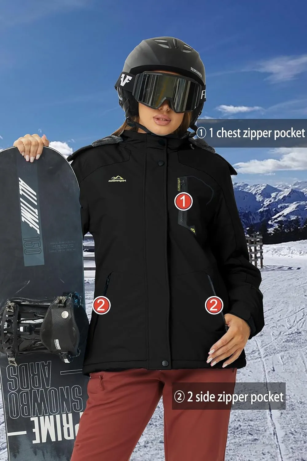 SMENG Womens Ski Jacket Waterproof Warm Winter Coats Windproof Fleece Lined Jacket Detachable Hood