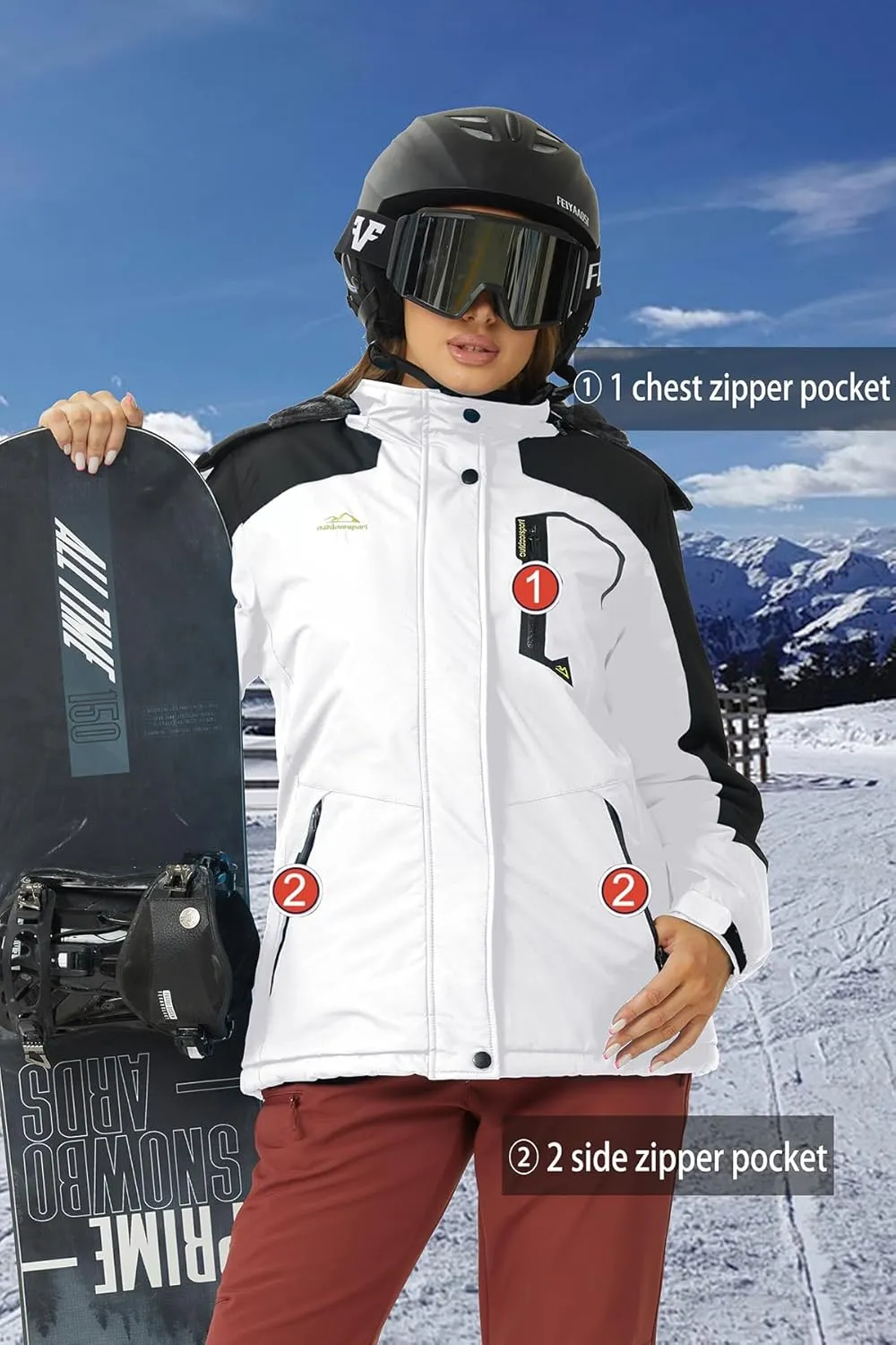 SMENG Womens Ski Jacket Waterproof Warm Winter Coats Windproof Fleece Lined Jacket Detachable Hood