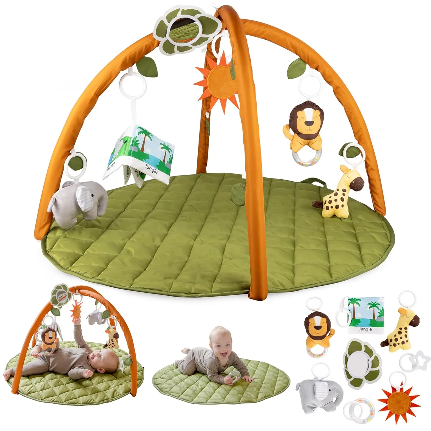 SnapPea Baby Activity Mat. Jungle Baby Play Gym Mat, Tummy Time Mat with 8 Baby Toys and Handle. Non Slip, Soft 37in Baby Play Mat. Portable Baby Gym, Infant Floor Playmat for Playroom, Nursery