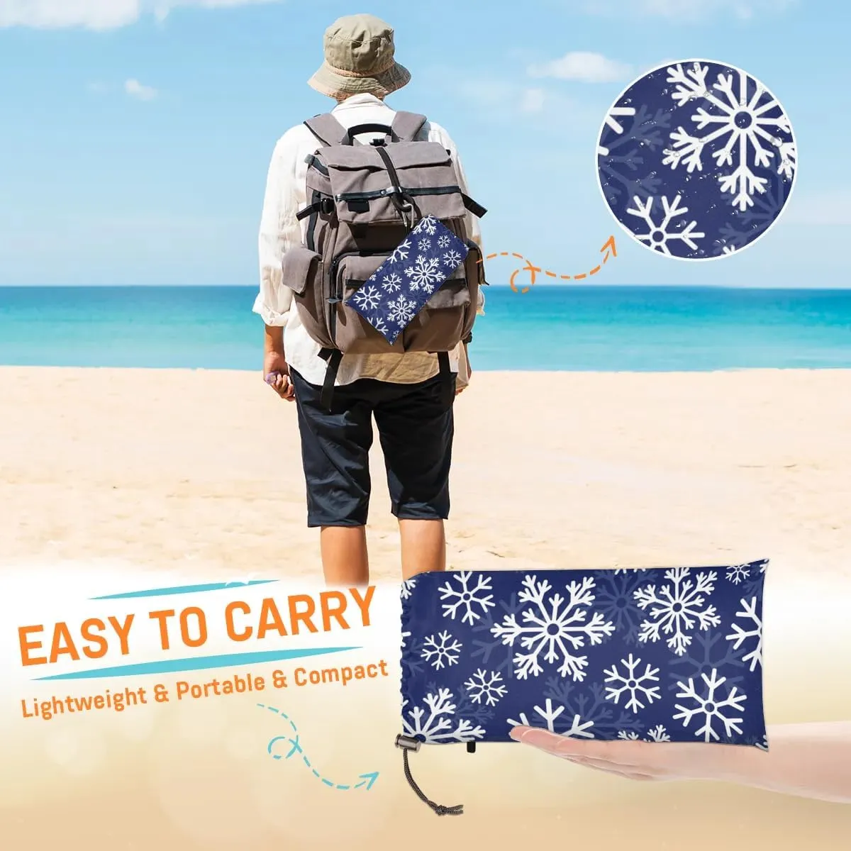 Snowflake Themes Beach Blanket, Sandproof Beach Mat, 68 x 59 Waterproof Quick Drying Sand Free Mat with 4 x Ground Spikes for Outdoor Travel Camping Hiking, Christmas Themes