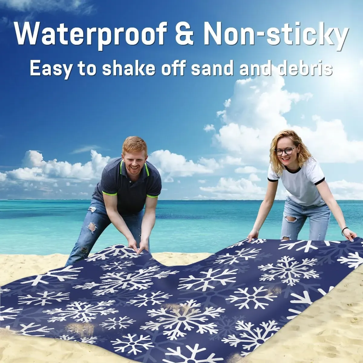 Snowflake Themes Beach Blanket, Sandproof Beach Mat, 68 x 59 Waterproof Quick Drying Sand Free Mat with 4 x Ground Spikes for Outdoor Travel Camping Hiking, Christmas Themes