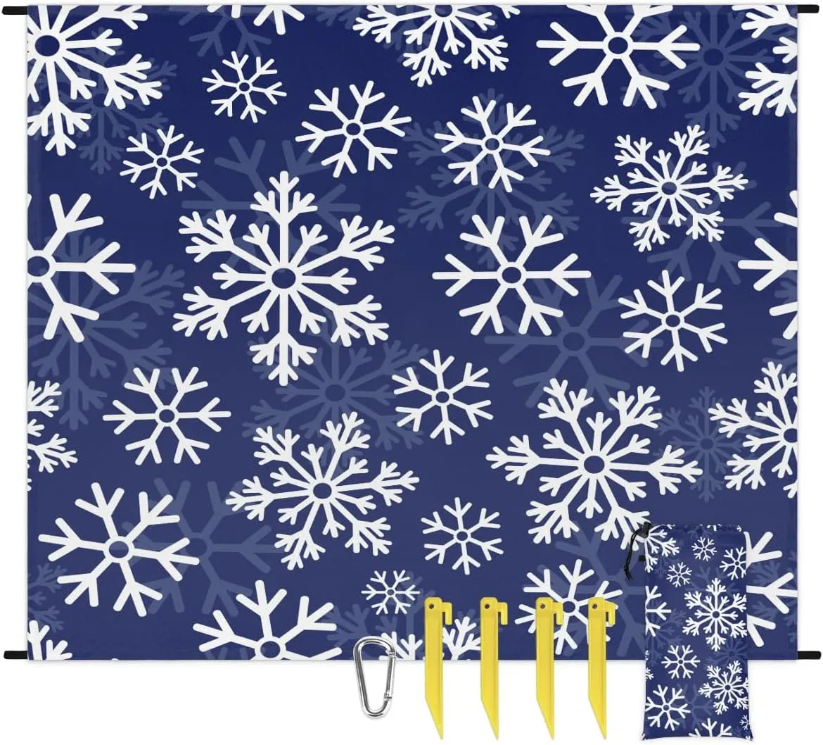 Snowflake Themes Beach Blanket, Sandproof Beach Mat, 68 x 59 Waterproof Quick Drying Sand Free Mat with 4 x Ground Spikes for Outdoor Travel Camping Hiking, Christmas Themes