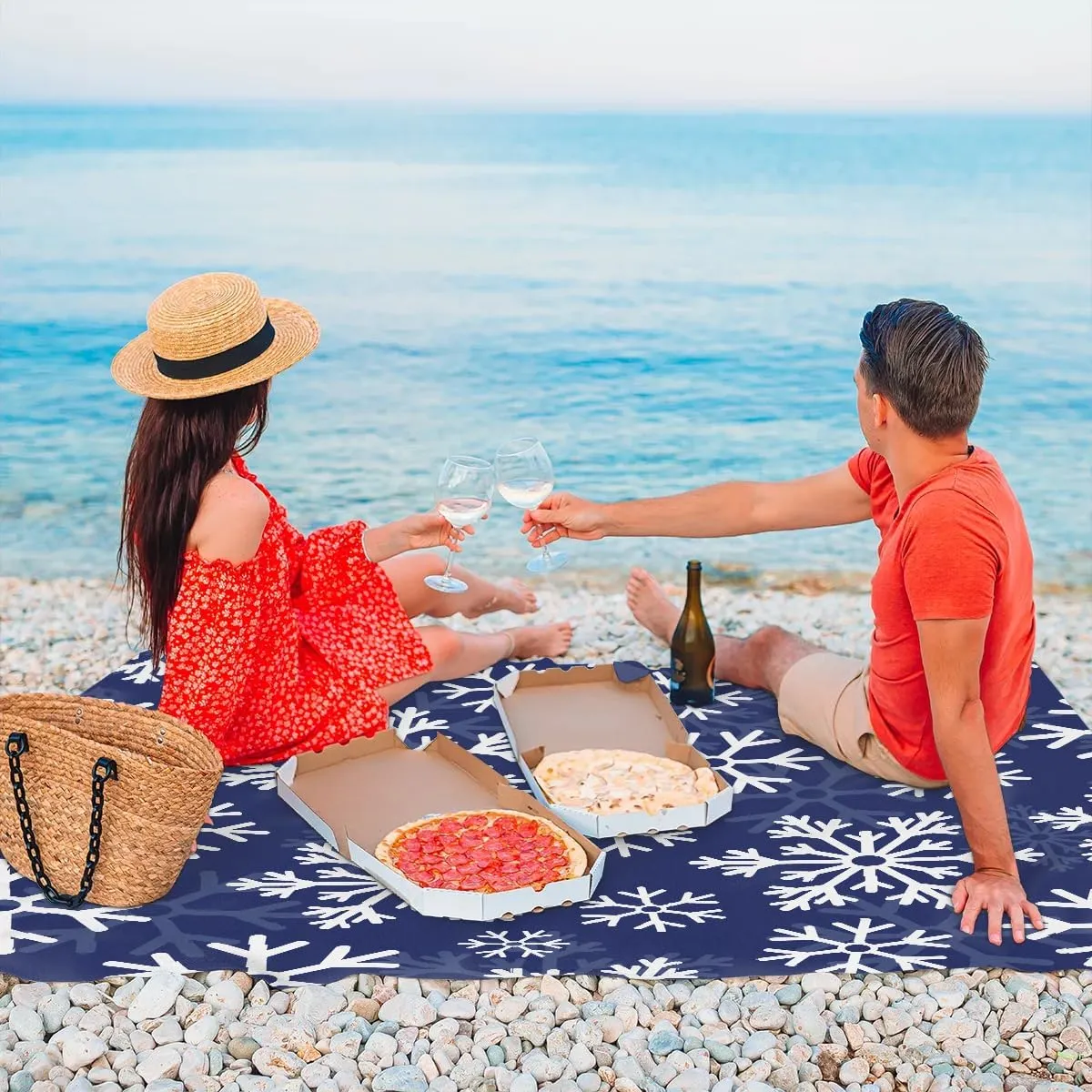 Snowflake Themes Beach Blanket, Sandproof Beach Mat, 68 x 59 Waterproof Quick Drying Sand Free Mat with 4 x Ground Spikes for Outdoor Travel Camping Hiking, Christmas Themes