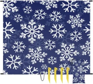Snowflake Themes Beach Blanket, Sandproof Beach Mat, 68 x 59 Waterproof Quick Drying Sand Free Mat with 4 x Ground Spikes for Outdoor Travel Camping Hiking, Christmas Themes