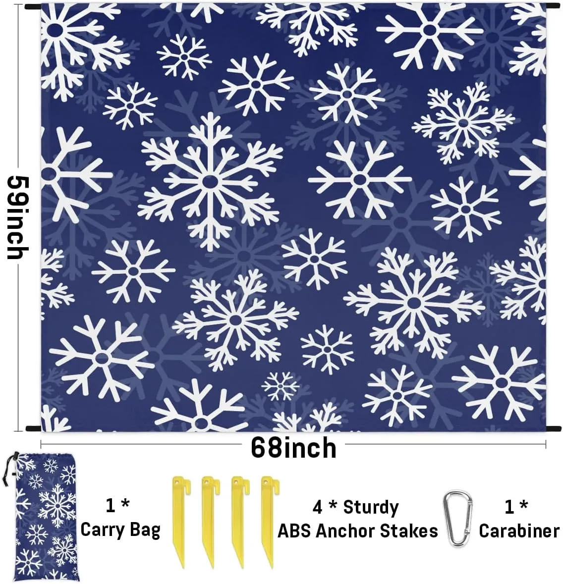 Snowflake Themes Beach Blanket, Sandproof Beach Mat, 68 x 59 Waterproof Quick Drying Sand Free Mat with 4 x Ground Spikes for Outdoor Travel Camping Hiking, Christmas Themes