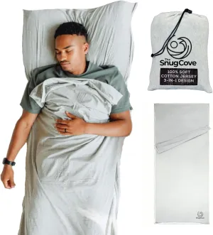 Soft Cotton Sleeping Bag Liner with Zipper, Lightweight Travel Sheets for Hotel, Camping & Guests-Converts to Double Sleeping Bag Liner - Stretchy Sleep Sack Adult 100% Jersey Cotton - 82 in x 31.5 in