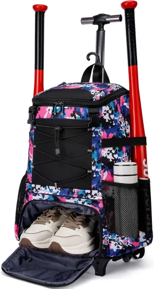 Softball Bag, Baseball Rolling Bat Bag - Wheeled for Youth Girls Adult, Lightweight Equipment Backpack With Shoe Compartment, Fence Hook for TBall, Helmet