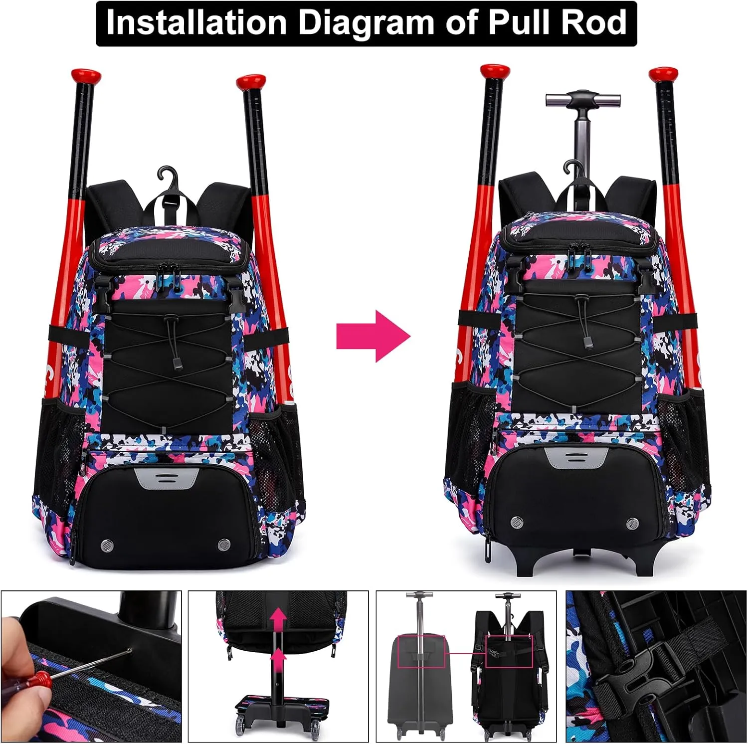 Softball Bag, Baseball Rolling Bat Bag - Wheeled for Youth Girls Adult, Lightweight Equipment Backpack With Shoe Compartment, Fence Hook for TBall, Helmet