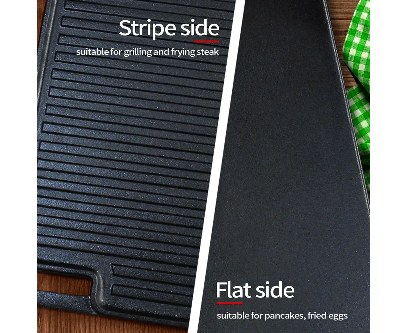 SOGA 45cm Rectangular Cast Iron Portable Fry BBQ Grill Plate Cooking Pan Tray with Handle