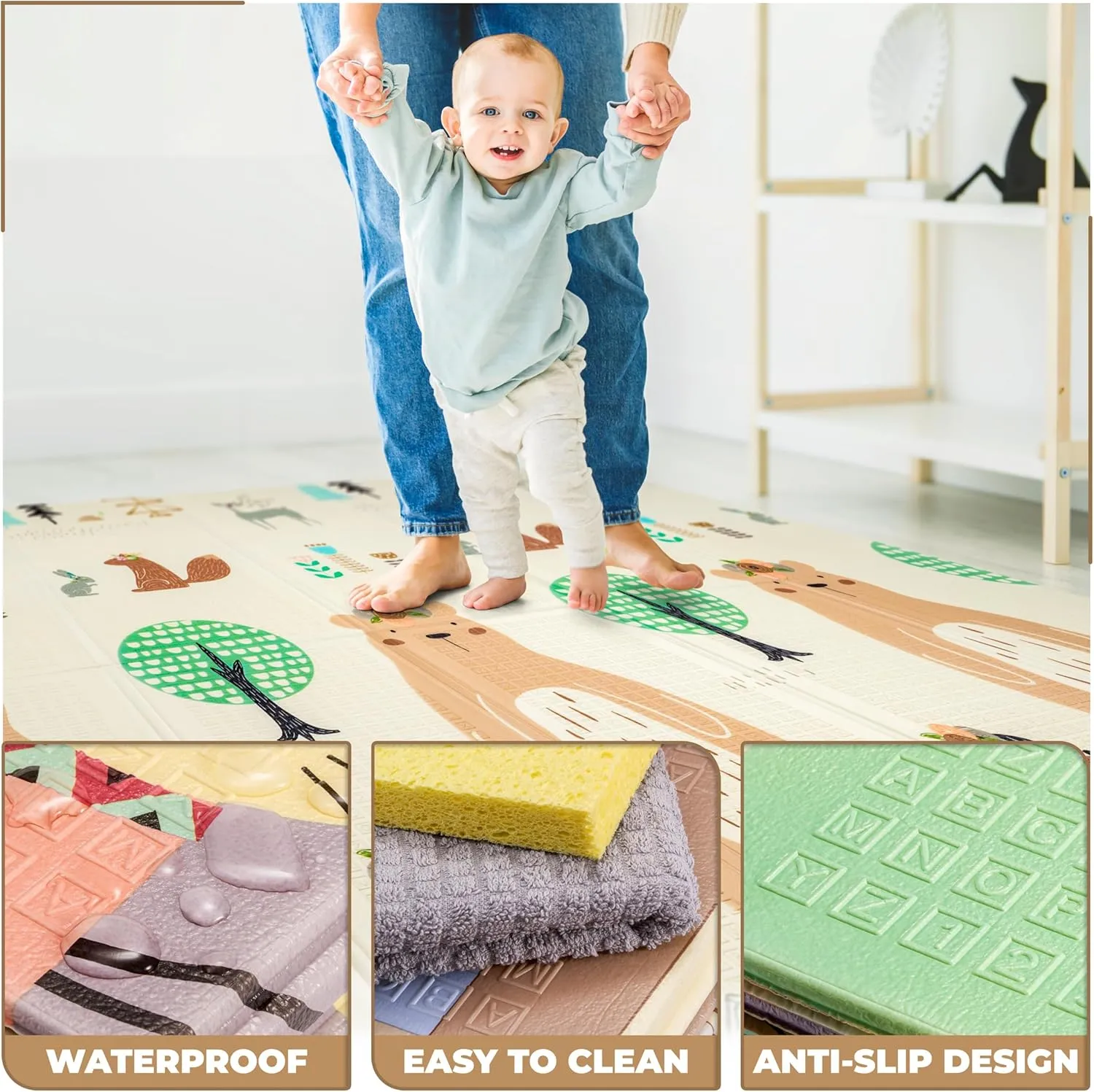 Sorbus Foldable Baby Play Mat, Kids Foam Mats for Floor with Travel Bag - Waterproof Foldable Play Mats for Babies, Infants, Toddlers, and Kids Playtime & Tummy Time 78x70x0.4 (Forest Friends)