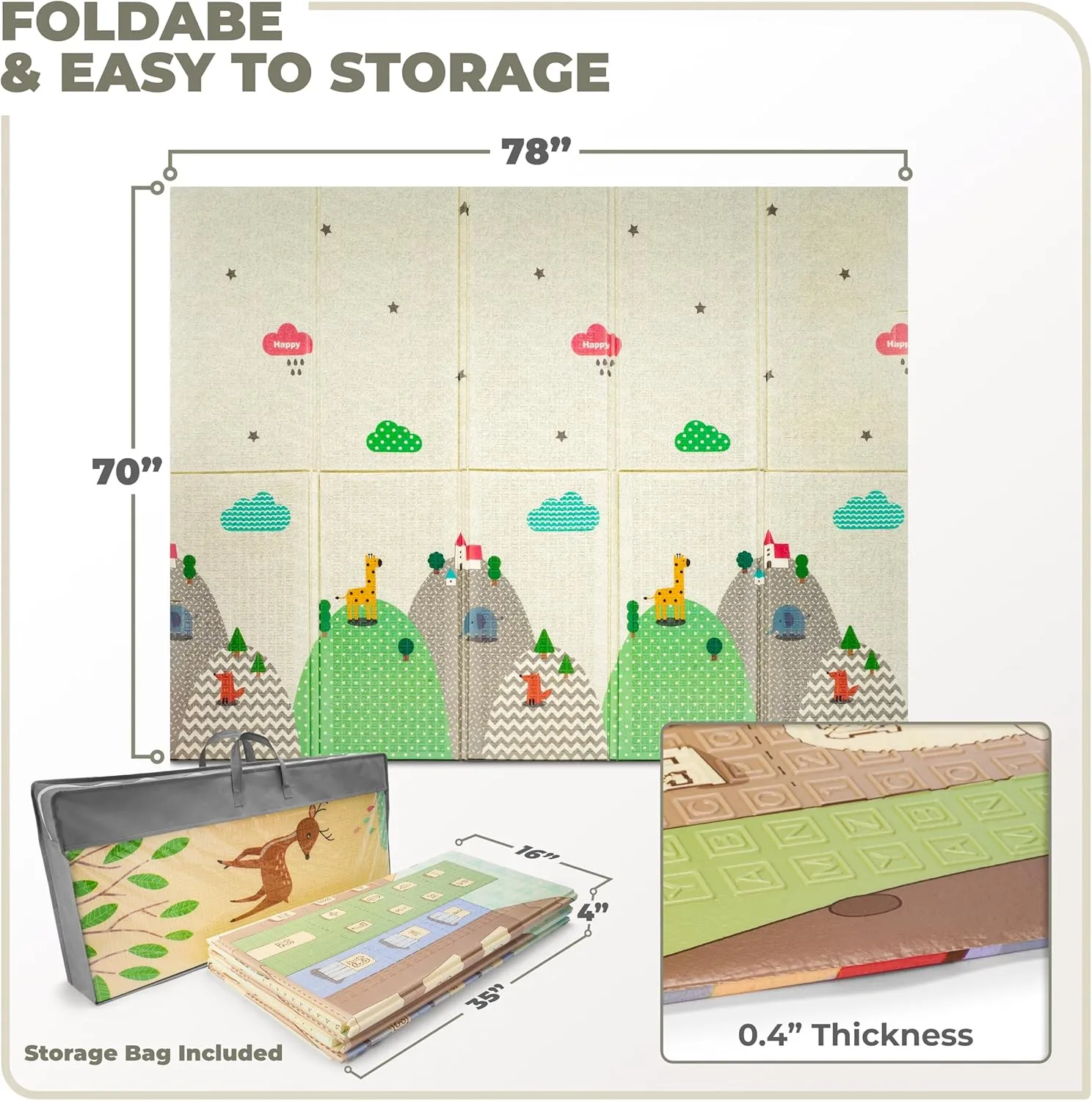 Sorbus Foldable Baby Play Mat, Kids Foam Mats for Floor with Travel Bag - Waterproof Foldable Play Mats for Babies, Infants, Toddlers, and Kids Playtime & Tummy Time 78x70x0.4” (Mountain Mates)