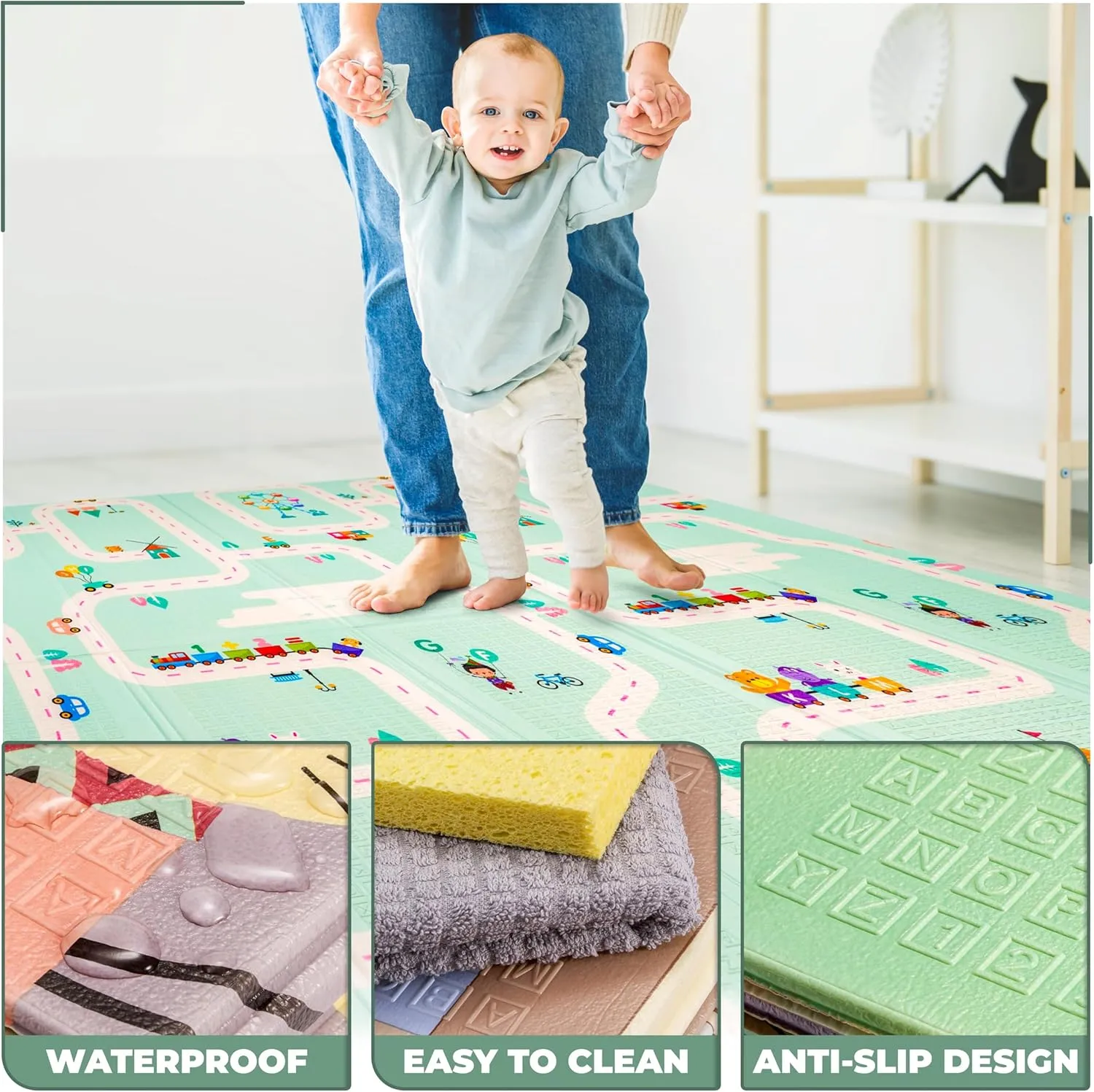 Sorbus Foldable Baby Play Mat, Kids Foam Mats for Floor with Travel Bag - Waterproof Foldable Play Mats for Babies, Infants, Toddlers, and Kids Playtime & Tummy Time 78x70x0.4 (Road Trip Route)