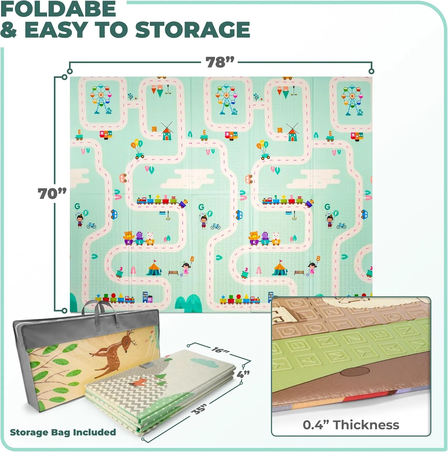 Sorbus Foldable Baby Play Mat, Kids Foam Mats for Floor with Travel Bag - Waterproof Foldable Play Mats for Babies, Infants, Toddlers, and Kids Playtime & Tummy Time 78x70x0.4 (Road Trip Route)