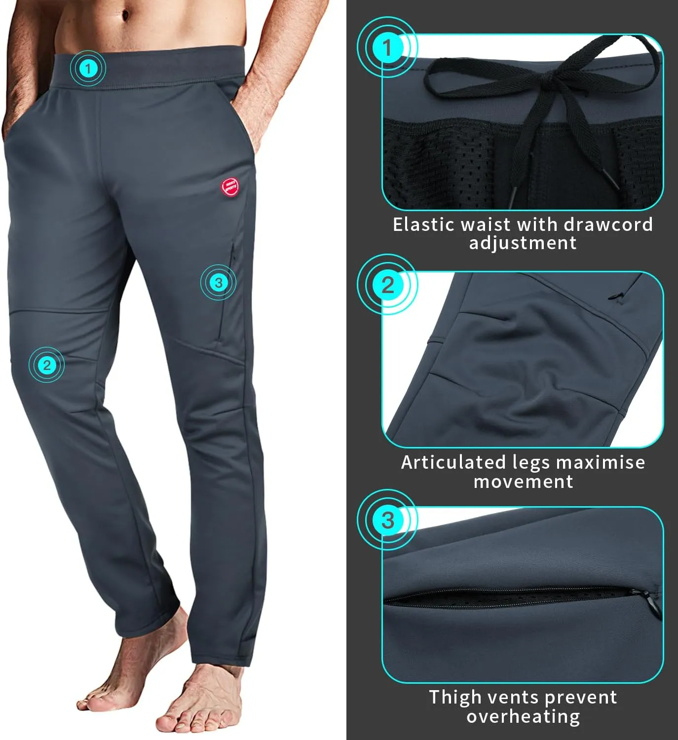 Souke Sports Men's Winter Cycling Pants, Windproof Fleece Thermal Bike Pants, Breathable Athletic Sweatpants for Running