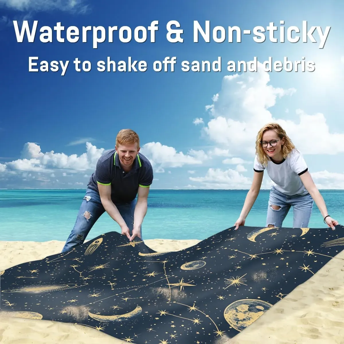 Space Beach Blanket, Sandproof Beach Mat, 68 x 59 Waterproof Quick Drying Sand Free Mat with 4 x Ground Spikes for Outdoor Travel Camping Hiking, Vintage Galaxy