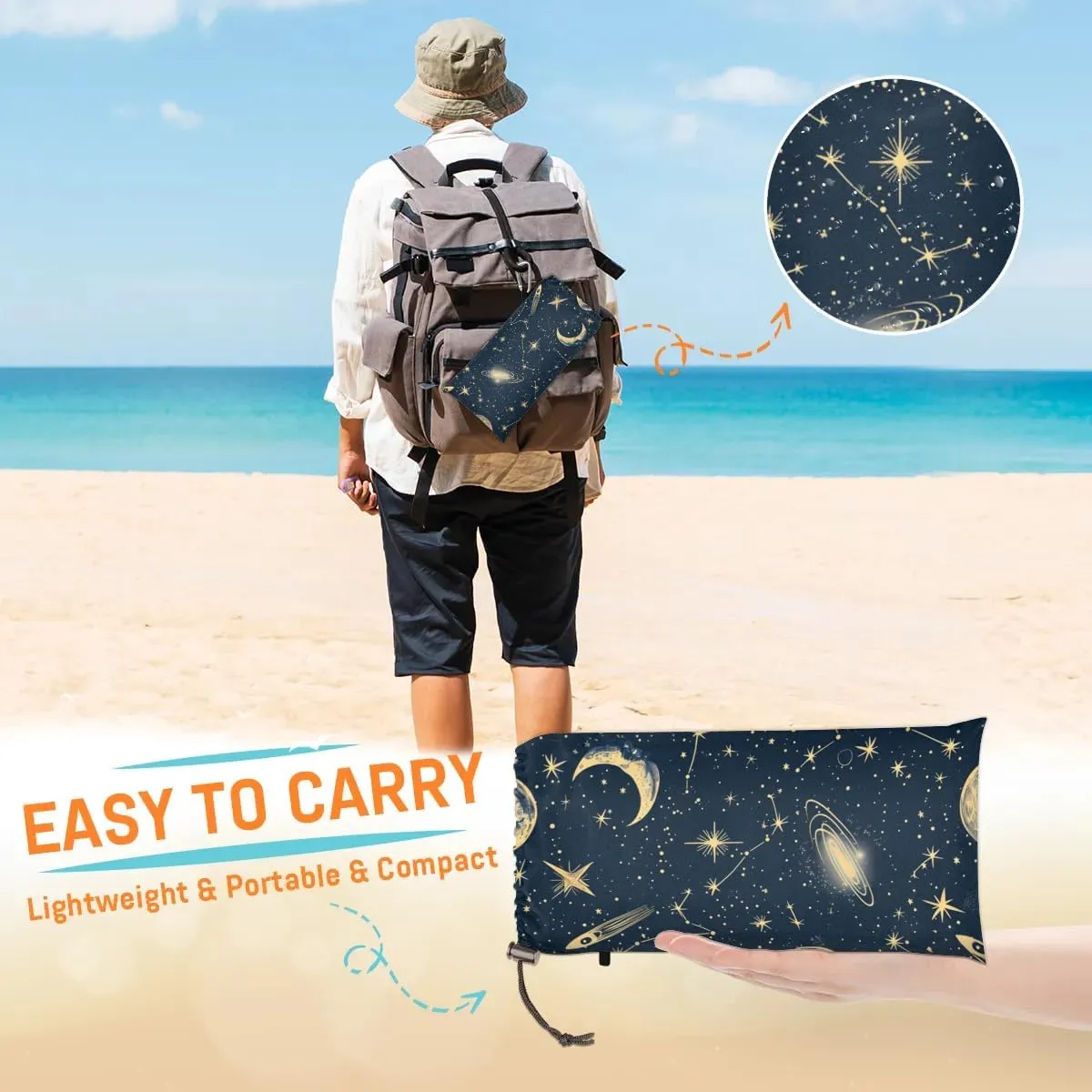 Space Beach Blanket, Sandproof Beach Mat, 68 x 59 Waterproof Quick Drying Sand Free Mat with 4 x Ground Spikes for Outdoor Travel Camping Hiking, Vintage Galaxy