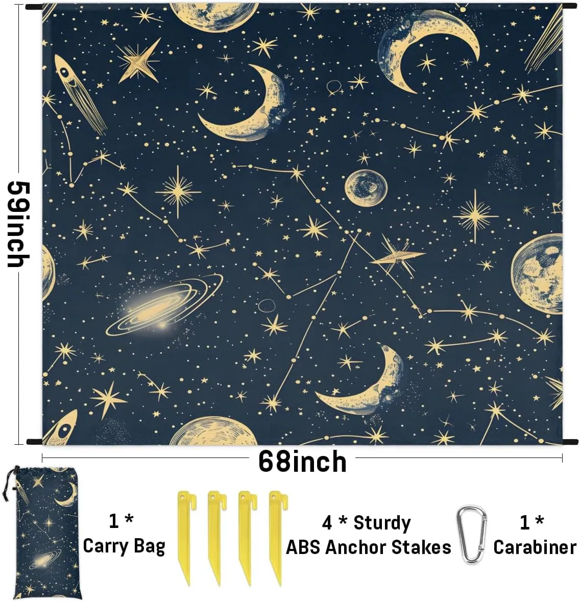 Space Beach Blanket, Sandproof Beach Mat, 68 x 59 Waterproof Quick Drying Sand Free Mat with 4 x Ground Spikes for Outdoor Travel Camping Hiking, Vintage Galaxy