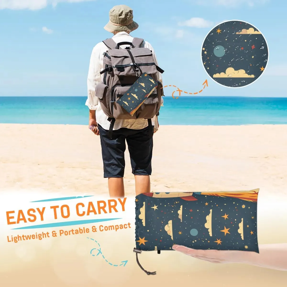 Space Theme Beach Blanket, Sandproof Beach Mat, 68 x 59 Waterproof Quick Drying Sand Free Mat with 4 x Ground Spikes for Outdoor Travel Camping Hiking, Rockets