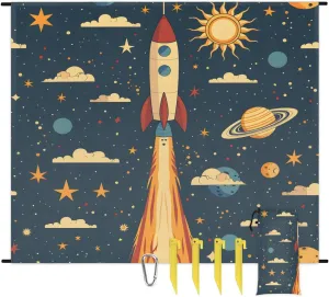 Space Theme Beach Blanket, Sandproof Beach Mat, 68 x 59 Waterproof Quick Drying Sand Free Mat with 4 x Ground Spikes for Outdoor Travel Camping Hiking, Rockets