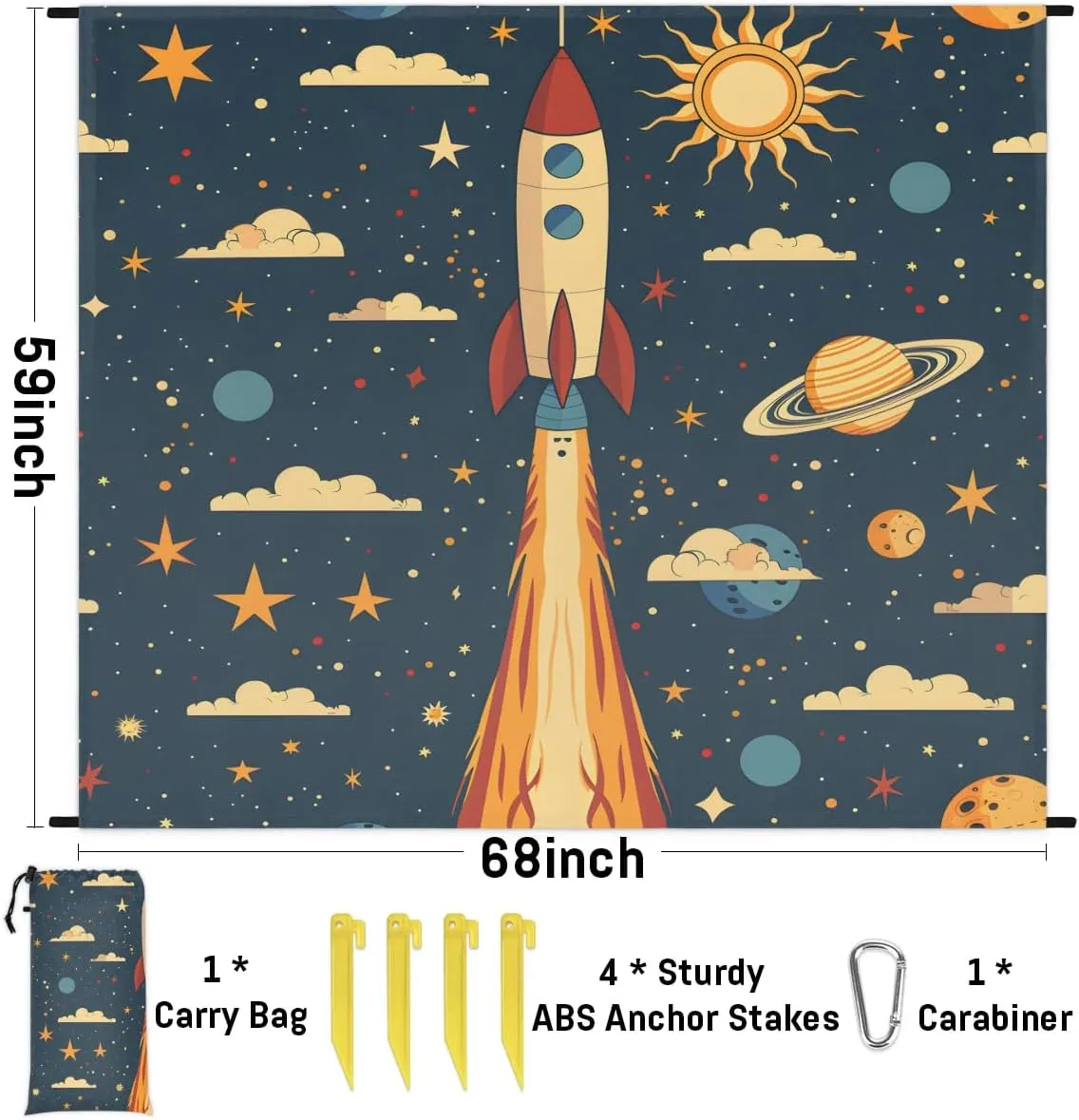 Space Theme Beach Blanket, Sandproof Beach Mat, 68 x 59 Waterproof Quick Drying Sand Free Mat with 4 x Ground Spikes for Outdoor Travel Camping Hiking, Rockets