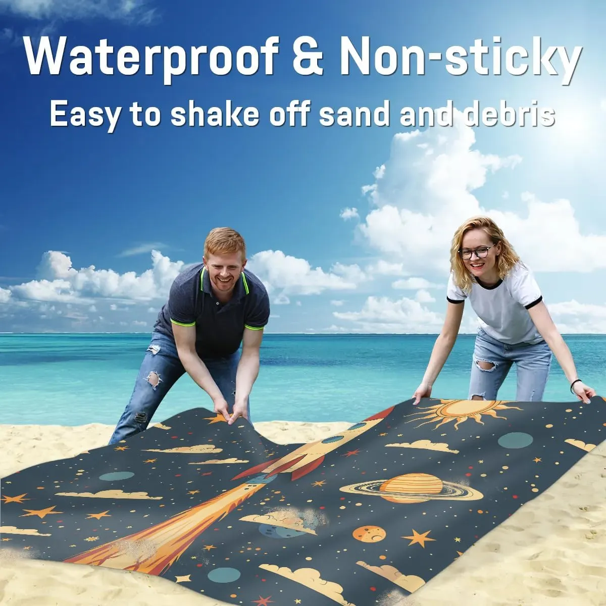Space Theme Beach Blanket, Sandproof Beach Mat, 68 x 59 Waterproof Quick Drying Sand Free Mat with 4 x Ground Spikes for Outdoor Travel Camping Hiking, Rockets