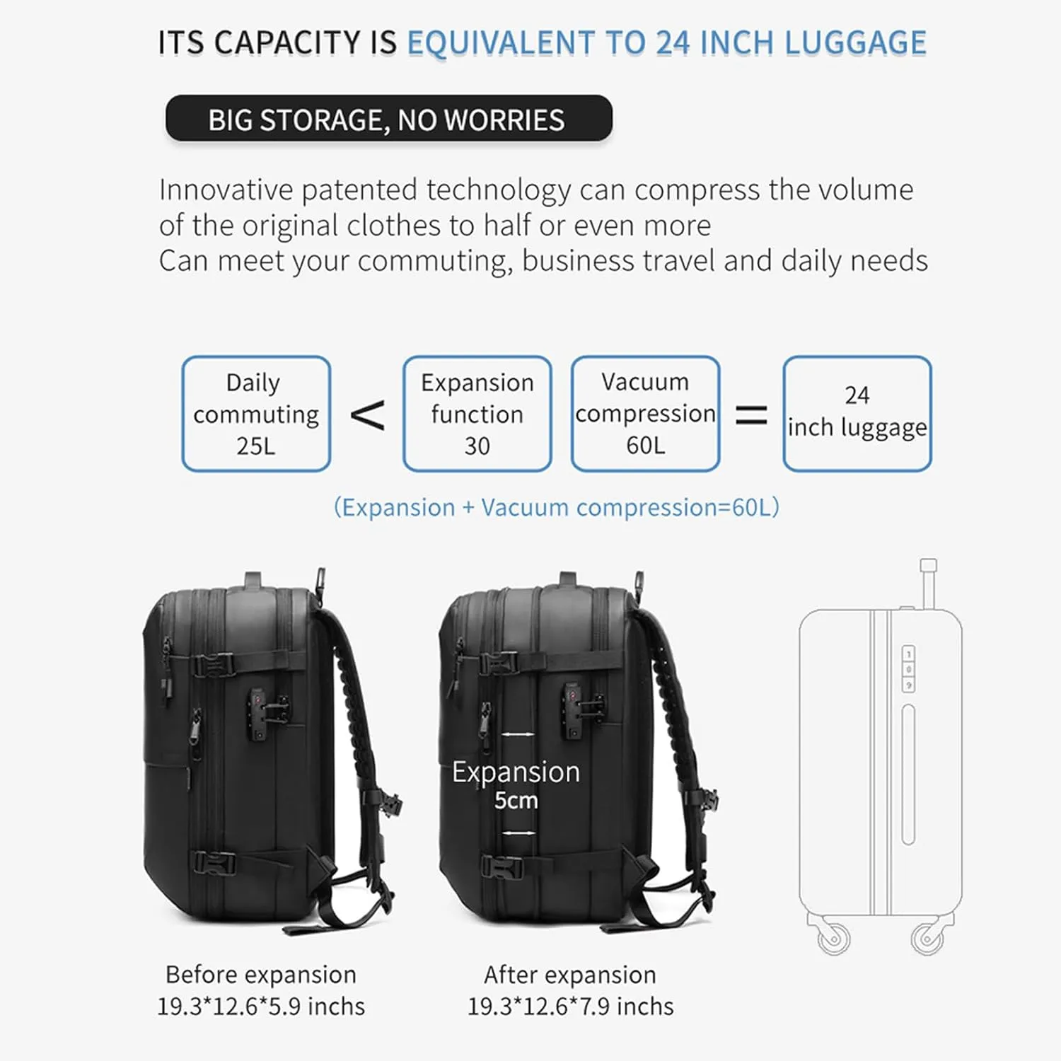 Space Vac Backpack, Spacevac Vacuum Compression Backpack,Expandable Waterproof Multifunctional Travel Password TSA Lock Bag (Blue)