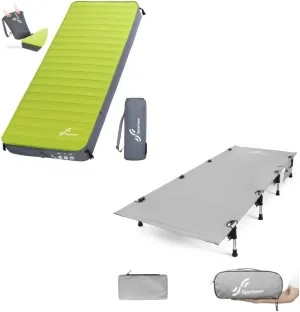 Sportneer Camping Cot   Self Inflating Sleeping Pad, Folding Cots Lever Lock Portable Lightweight Sleeping Camping Bed, 4" Ultra-Thick Sleeping Mats for Camping Car Travel Tent Home
