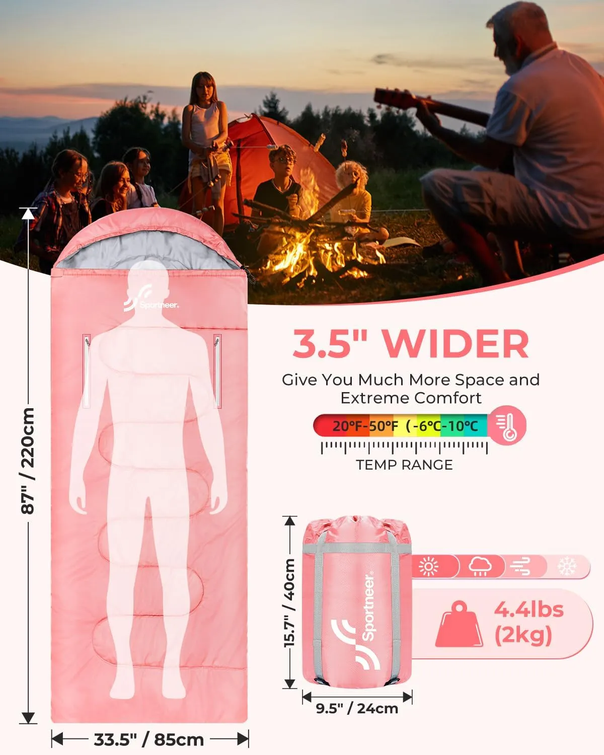 Sportneer Sleeping Bag - Wearable for Adults & Kids with Arm Zipper Holes in Cold & Warm Weather, Waterproof Portable Sleeping Bag for Camping, Hiking, Backpacking, Outdoor Travel
