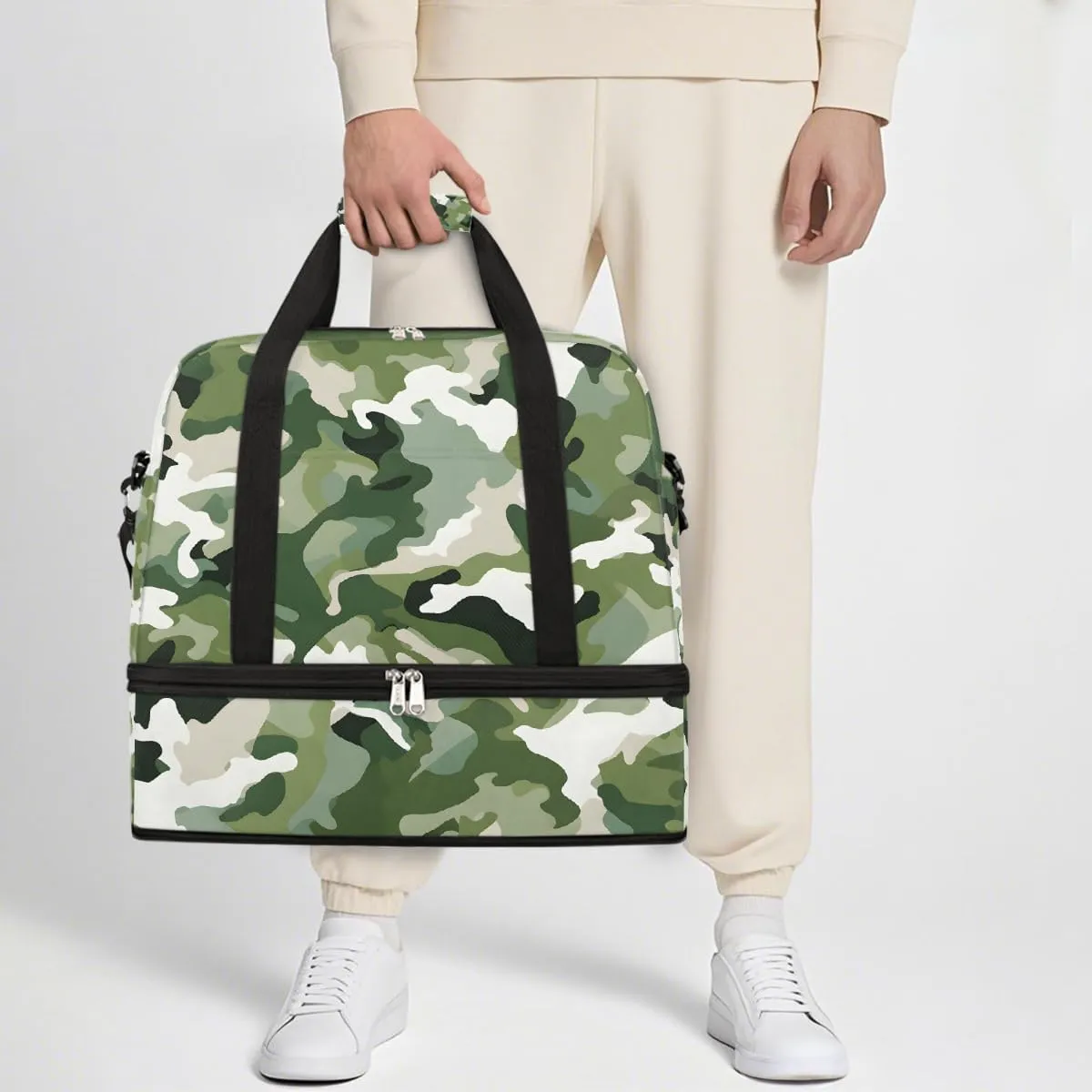 Sports Gym Bag Pattern Camouflage Green Large Travel Duffel Bag With Shoe Compartment Foldable Waterproof Carry-On Weekend Travel Bags for Camping Overnight Yoga Hospital Travel Bags