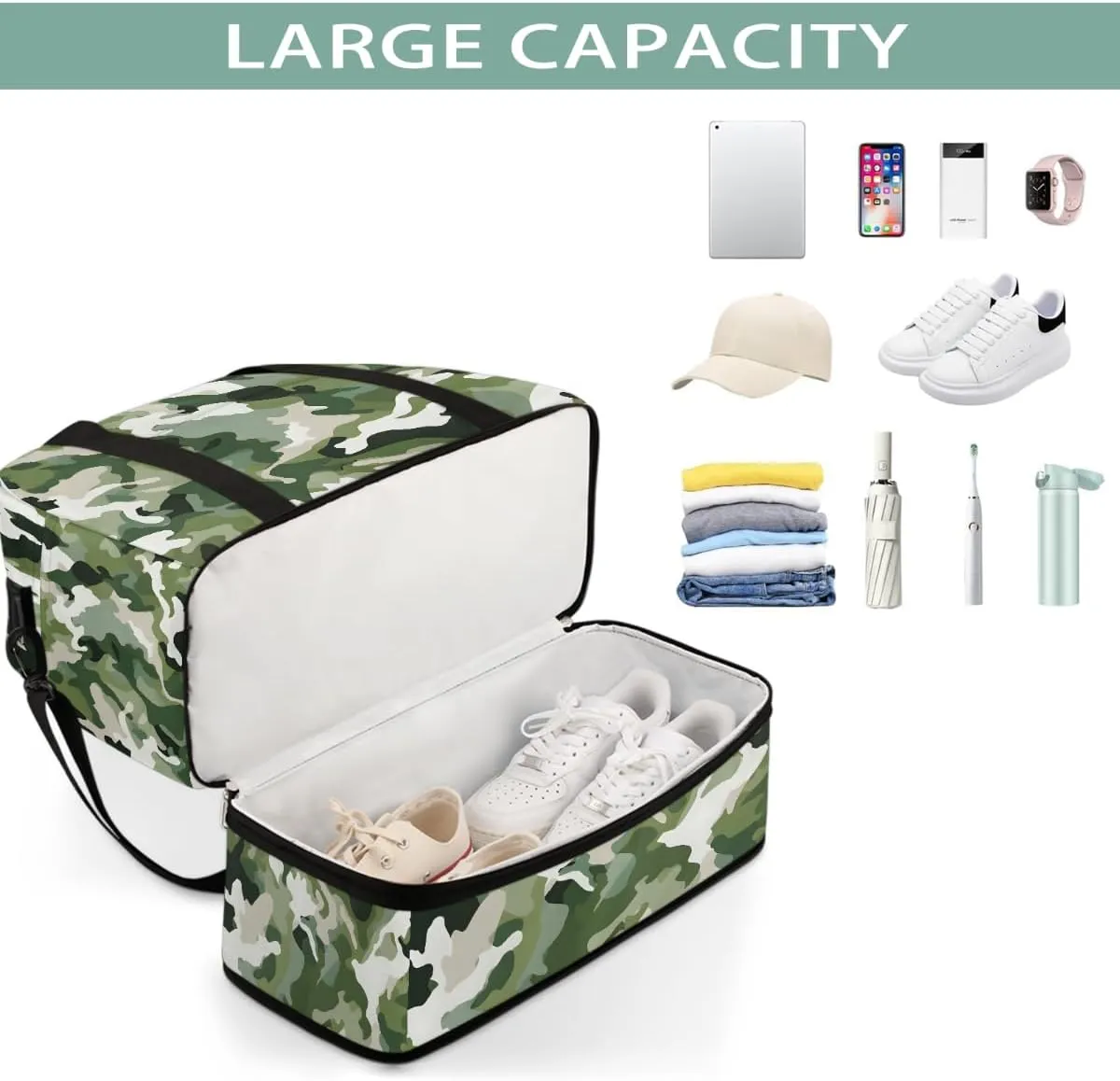 Sports Gym Bag Pattern Camouflage Green Large Travel Duffel Bag With Shoe Compartment Foldable Waterproof Carry-On Weekend Travel Bags for Camping Overnight Yoga Hospital Travel Bags