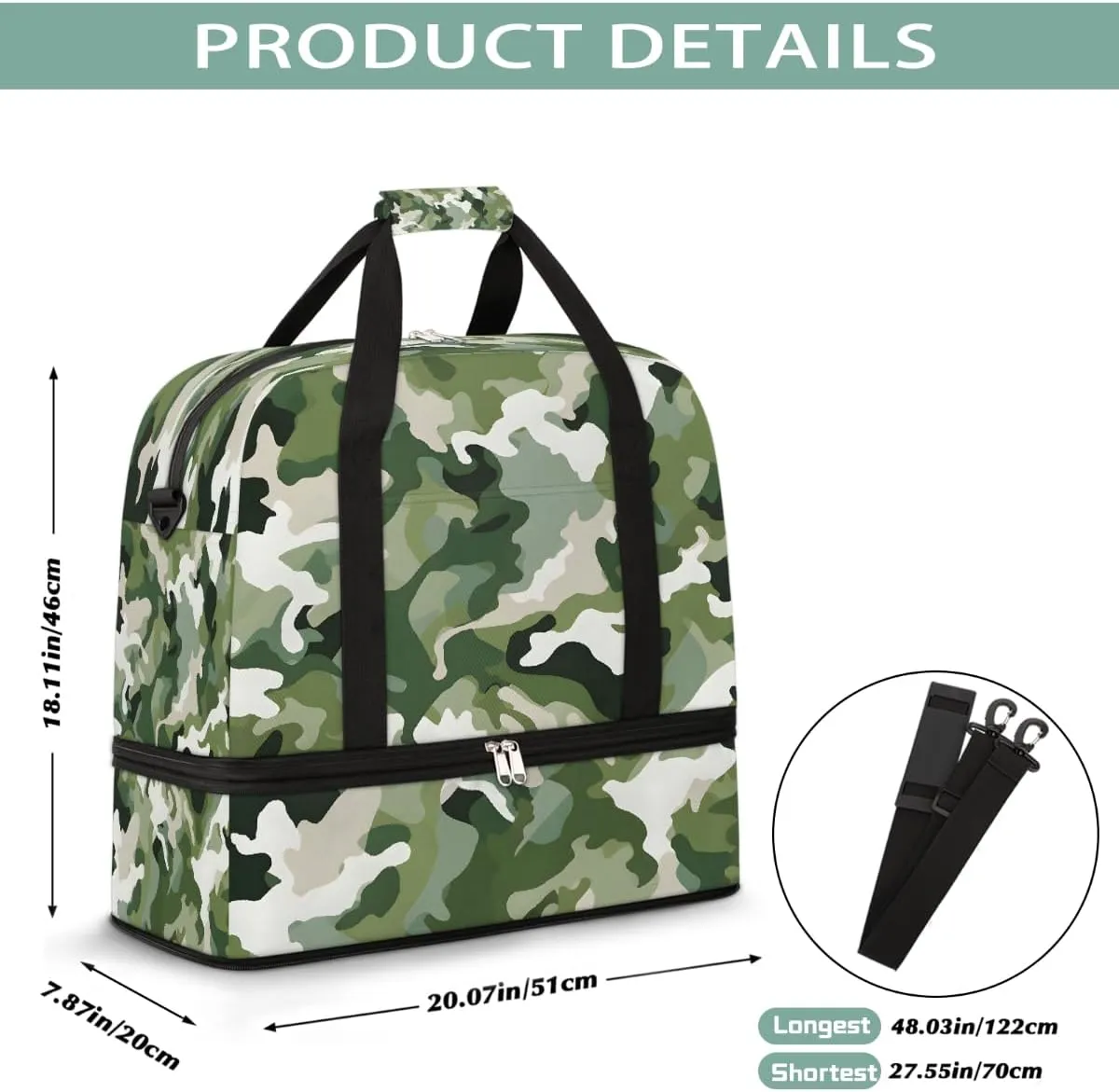 Sports Gym Bag Pattern Camouflage Green Large Travel Duffel Bag With Shoe Compartment Foldable Waterproof Carry-On Weekend Travel Bags for Camping Overnight Yoga Hospital Travel Bags