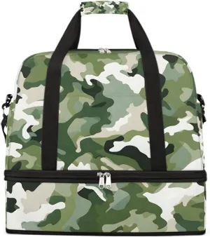 Sports Gym Bag Pattern Camouflage Green Large Travel Duffel Bag With Shoe Compartment Foldable Waterproof Carry-On Weekend Travel Bags for Camping Overnight Yoga Hospital Travel Bags