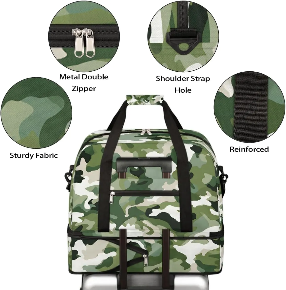 Sports Gym Bag Pattern Camouflage Green Large Travel Duffel Bag With Shoe Compartment Foldable Waterproof Carry-On Weekend Travel Bags for Camping Overnight Yoga Hospital Travel Bags
