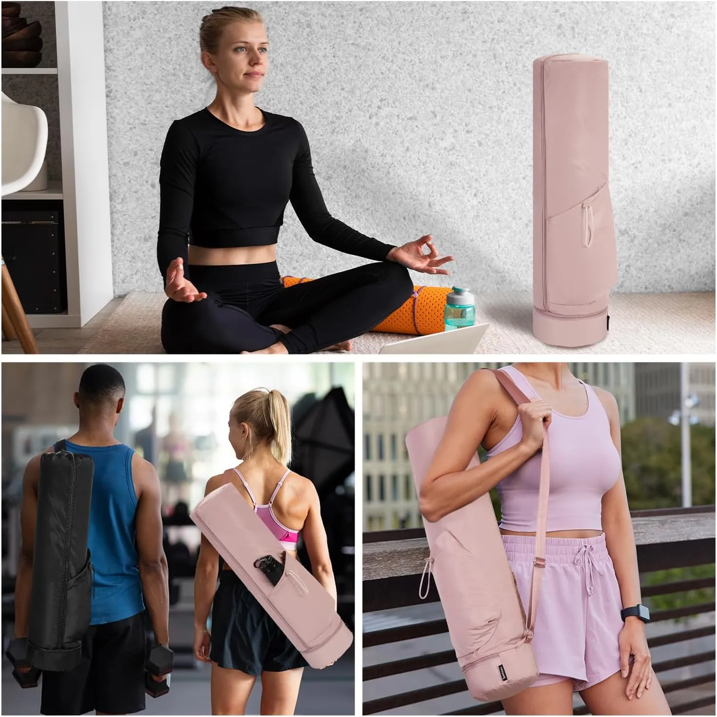 sportsnew Yoga Mat Bag, Full Zip Cargo Yoga Mat Carrier Bag with Drawstring Water Bottle Pocket and Bottom Wet Pocket, Exercise Yoga Mat Carrier Holder Multi-Functional Storage Bag patent pending