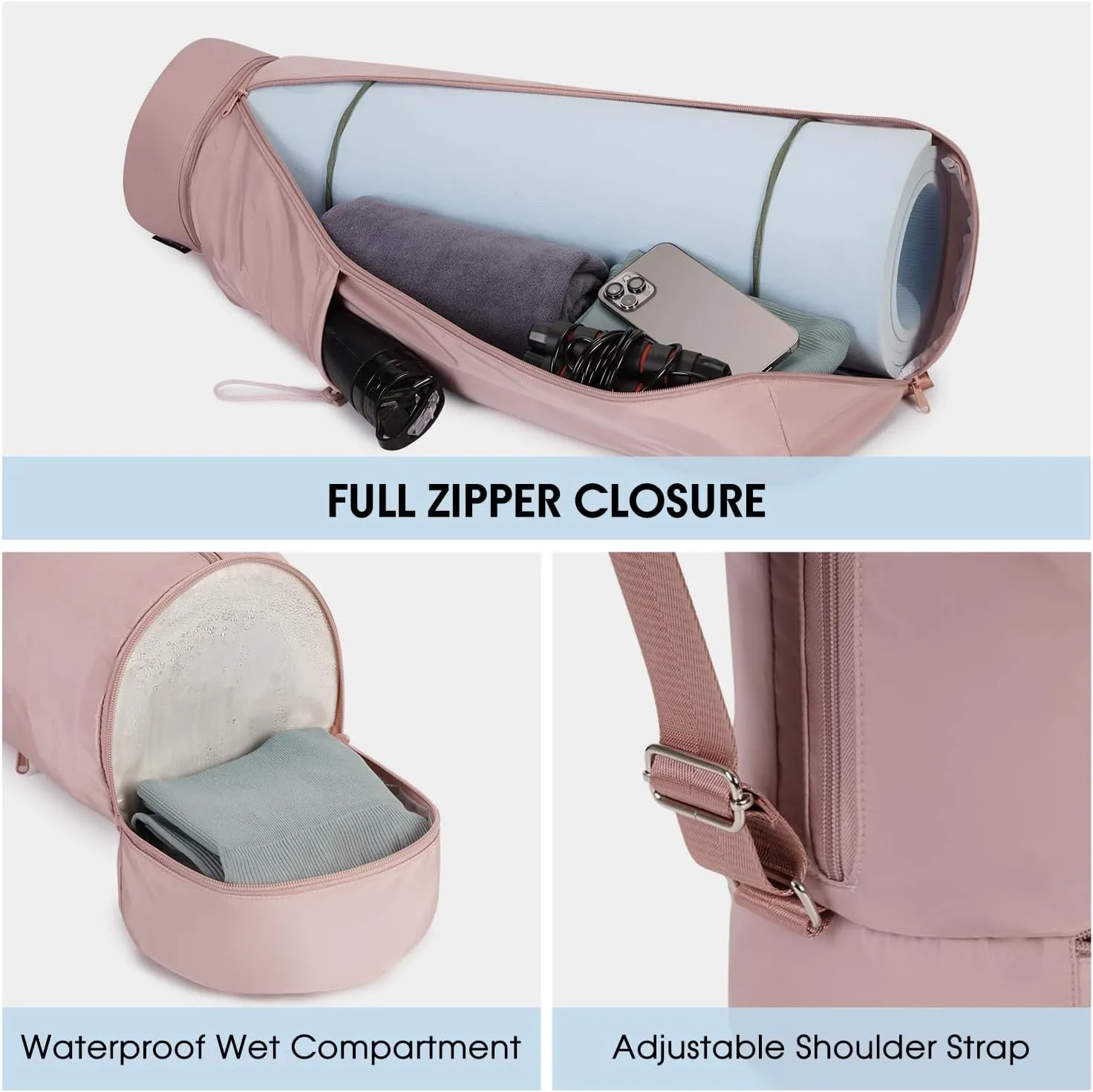 sportsnew Yoga Mat Bag, Full Zip Cargo Yoga Mat Carrier Bag with Drawstring Water Bottle Pocket and Bottom Wet Pocket, Exercise Yoga Mat Carrier Holder Multi-Functional Storage Bag patent pending