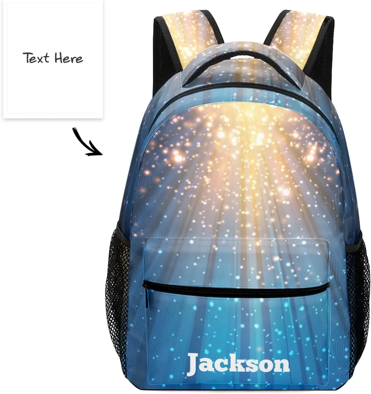 Spotlight Galaxy Glitter Custom Kids Backpack 16.5 Inch for Boy Girl, Personalized Waterproof Child School Travel Bag with Name