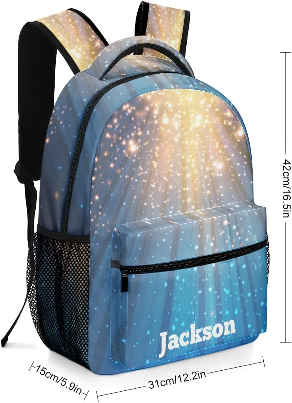 Spotlight Galaxy Glitter Custom Kids Backpack 16.5 Inch for Boy Girl, Personalized Waterproof Child School Travel Bag with Name