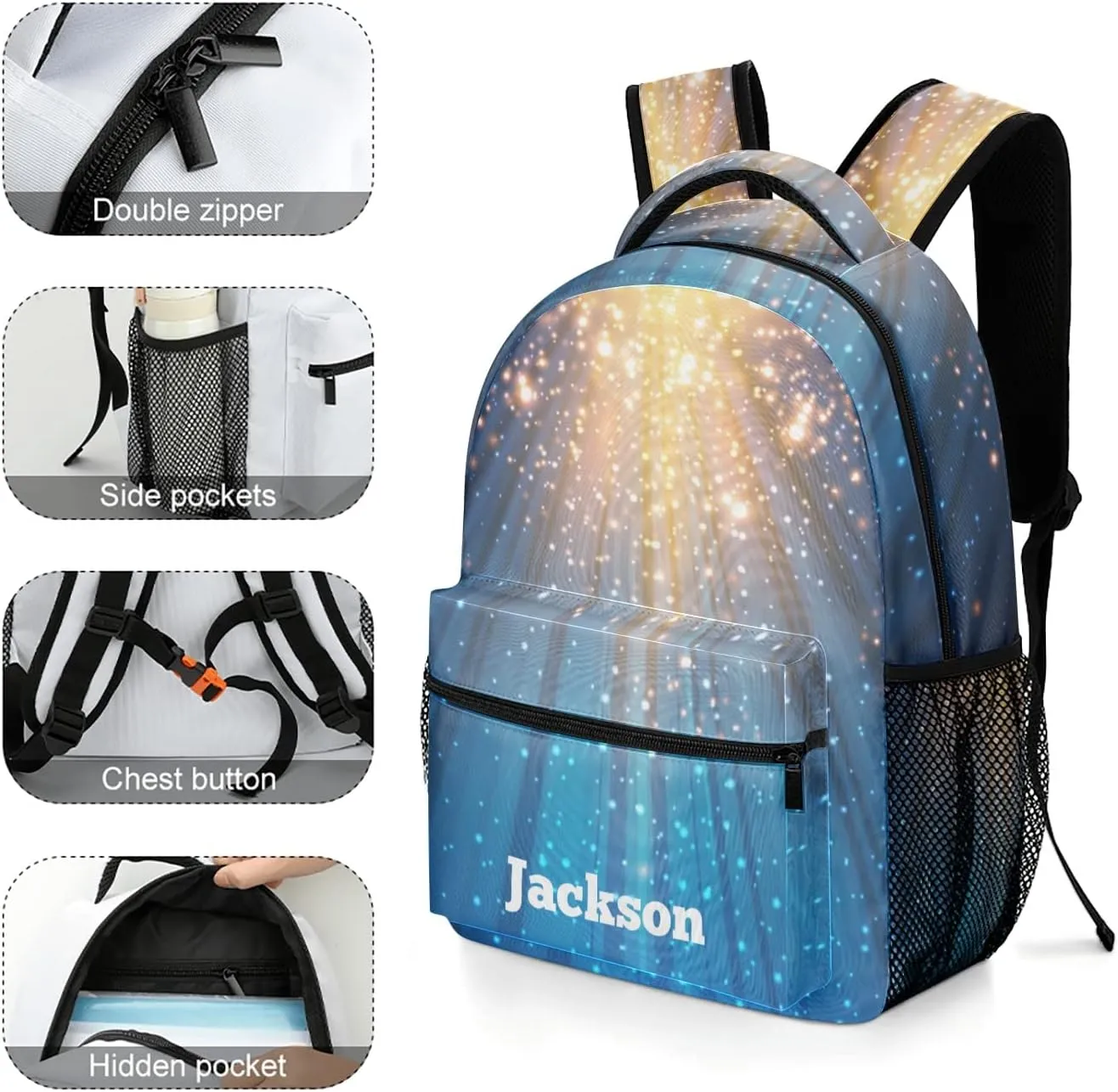 Spotlight Galaxy Glitter Custom Kids Backpack 16.5 Inch for Boy Girl, Personalized Waterproof Child School Travel Bag with Name