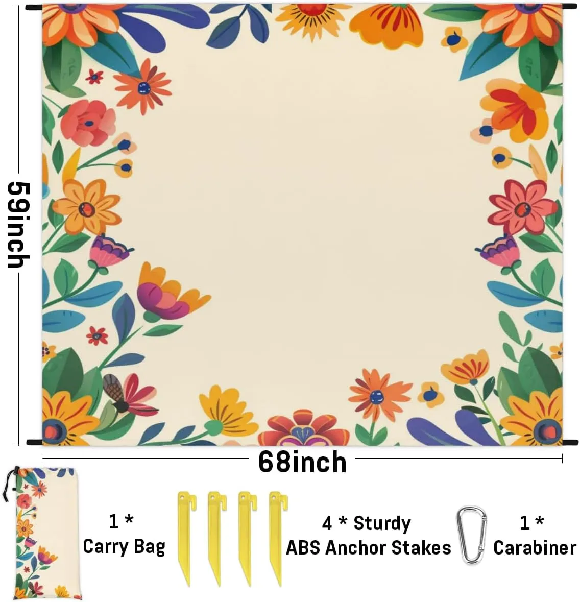 Spring Beach Blanket, Sandproof Beach Mat, Adults Waterproof Quick Drying Sand Free Mat with 4 x Ground Spikes for Outdoor Travel Camping Hiking, Watercolor Wild Flowers