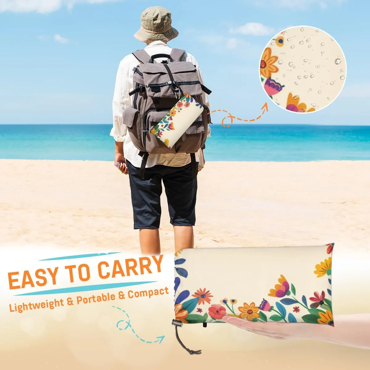 Spring Beach Blanket, Sandproof Beach Mat, Adults Waterproof Quick Drying Sand Free Mat with 4 x Ground Spikes for Outdoor Travel Camping Hiking, Watercolor Wild Flowers