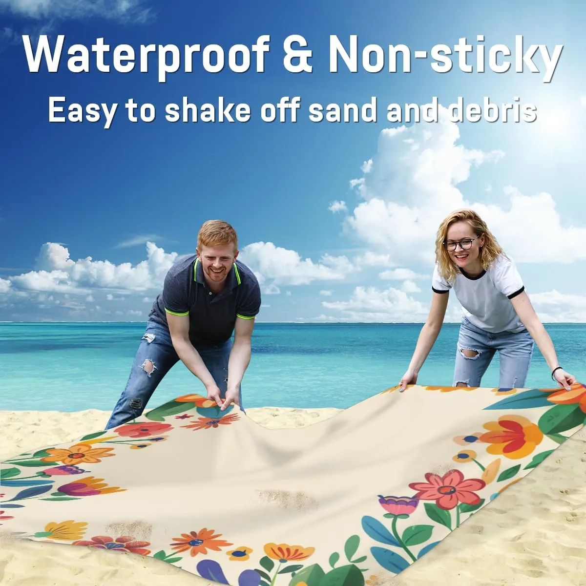 Spring Beach Blanket, Sandproof Beach Mat, Adults Waterproof Quick Drying Sand Free Mat with 4 x Ground Spikes for Outdoor Travel Camping Hiking, Watercolor Wild Flowers