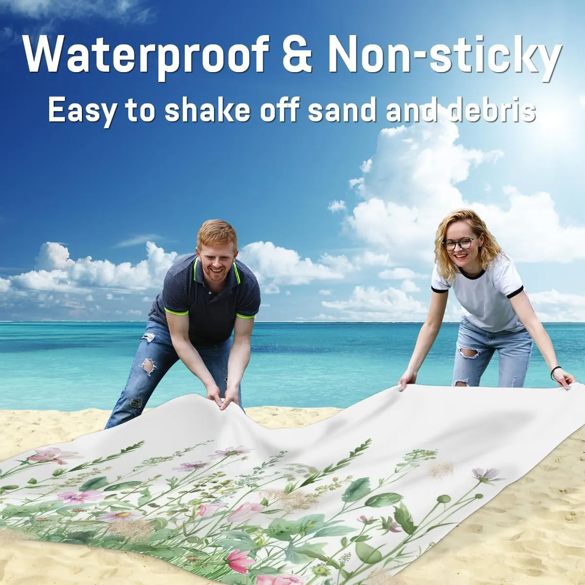 Spring Beach Blanket, Sandproof Beach Mat, Adults Waterproof Quick Drying Sand Free Mat with 4 x Ground Spikes for Outdoor Travel Camping Hiking, Wild Flower