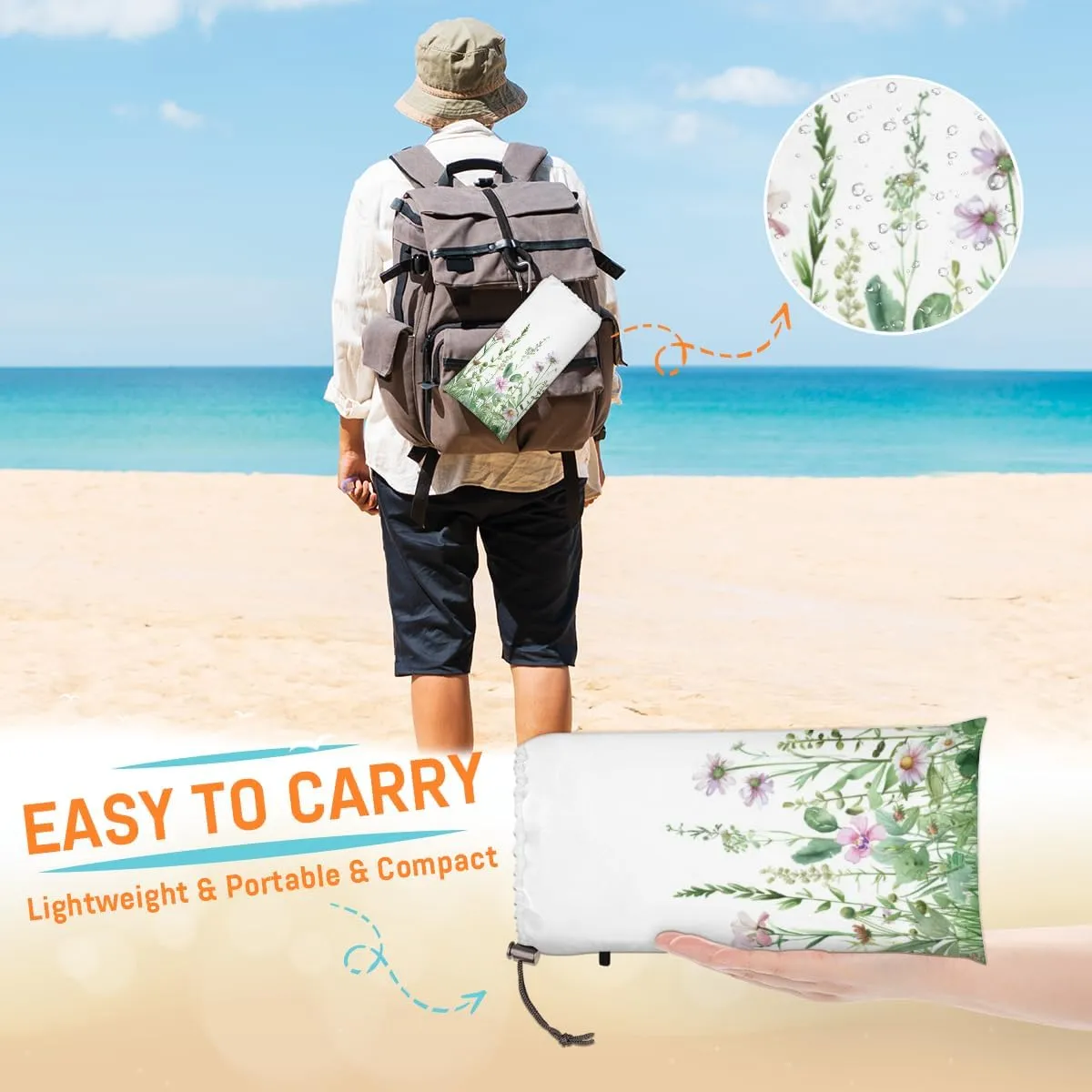 Spring Beach Blanket, Sandproof Beach Mat, Adults Waterproof Quick Drying Sand Free Mat with 4 x Ground Spikes for Outdoor Travel Camping Hiking, Wild Flower