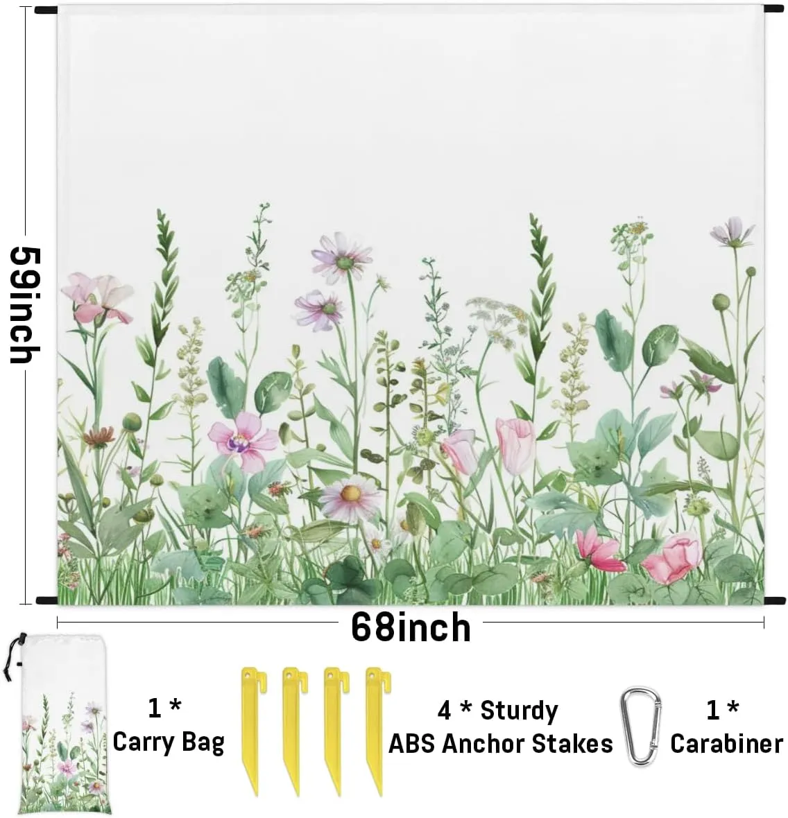Spring Beach Blanket, Sandproof Beach Mat, Adults Waterproof Quick Drying Sand Free Mat with 4 x Ground Spikes for Outdoor Travel Camping Hiking, Wild Flower