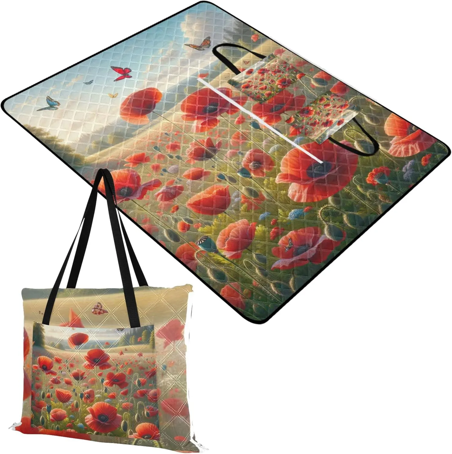Spring Red Poppies Grassland Sandproof Beach Blanket Waterproof Cute Picnic Essentials Foldable Lawn Blanket for Grass Mat 80" x 60"