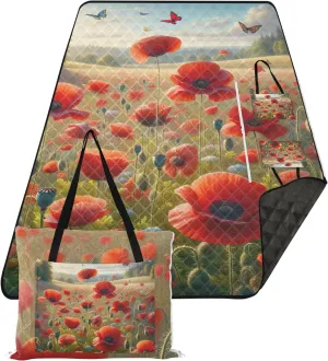 Spring Red Poppies Grassland Sandproof Beach Blanket Waterproof Cute Picnic Essentials Foldable Lawn Blanket for Grass Mat 80" x 60"
